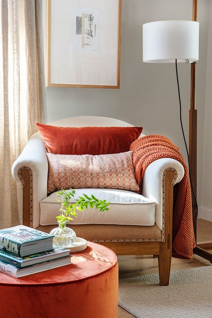 Pouf velvet calabaza con vivo decorativo estilo mediterráneo artesano
